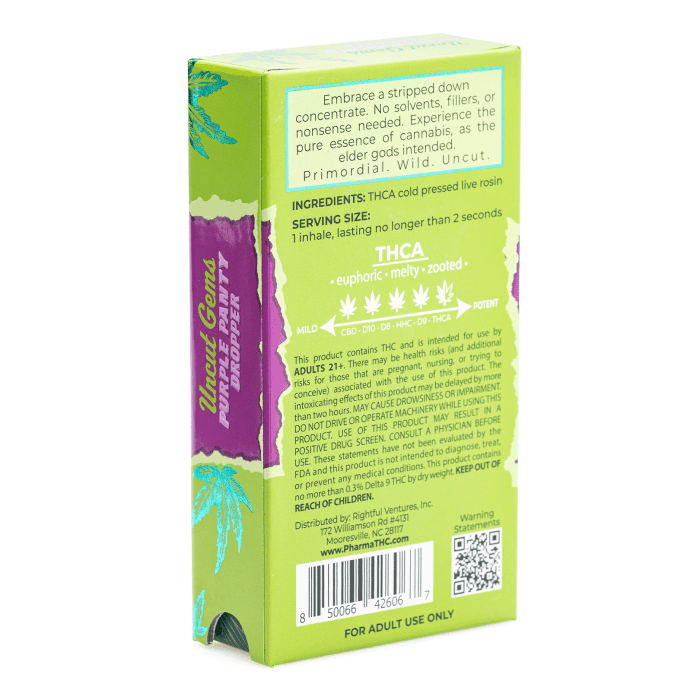 PharmaTHC Uncut Gems THCa Live Rosin Vape Cartridge - Purple Panty Dropper (.5 gram) - Box Back