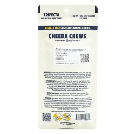Cheeba Chews Delta 9 and CBG and CBD Caramel Chews - Trifecta (50 mg Total Cannabinoids) - Bag Back