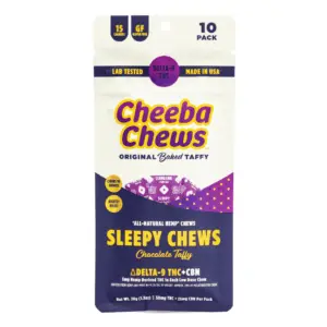 Cheeba Chews Delta 9 and CBN Chocolate Taffy - Sleepy Chew (50 mg Total Cannabinoids) - bag front