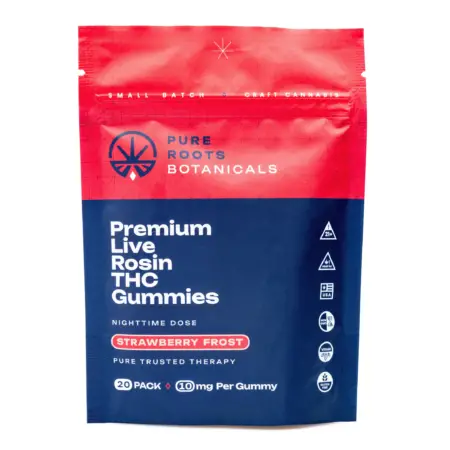 Pure Roots Botanicals THC Live Rosin Gummies - Strawberry Frost (200 mg Total Delta 9 THC) - bag front