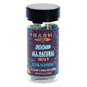 PharmaTHC Delta 9 THC All Natural Gummies - Sour Blueberry - Jar Front