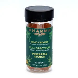 PharmaCBD Full Spectrum CBD and CBG Gummies - Pineapple Mango - jar front