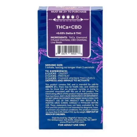 PharmaTHC THCa Diamond Infused and Live Resin 3 Gram Hybrid Disposable Vape - Ice Cream Cake - Box Back