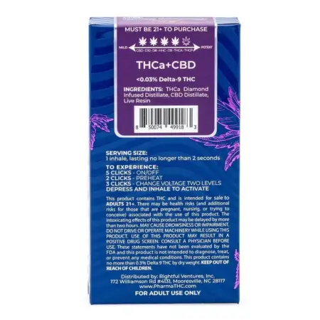 PharmaTHC THCa Diamond Infused and Live Resin 3 Gram Indica Disposable Vape - Blueberry Muffin - Box Back