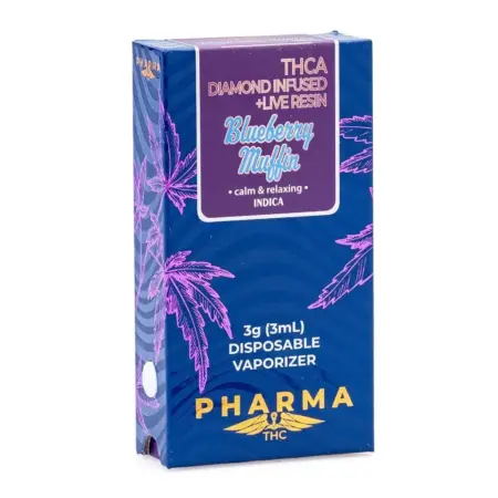 PharmaTHC THCa Diamond Infused and Live Resin 3 Gram Indica Disposable Vape - Blueberry Muffin - Box Front