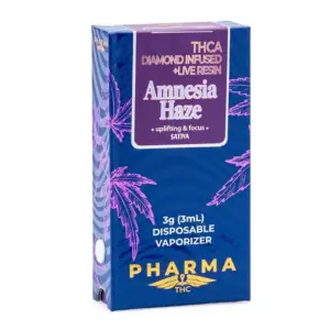 PharmaTHC THCa Diamond Infused and Live Resin 3 Gram Sativa Disposable Vape - Amnesia Haze - Box Front