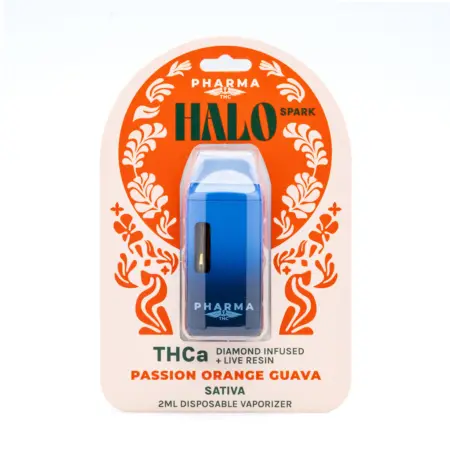PharmaTHC THCa Diamond Infused and Live Resin Halo Spark Disposable Vape - Passion Orange Guav box front