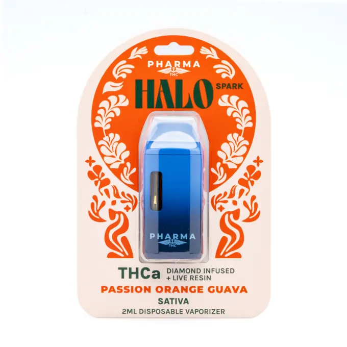 PharmaTHC THCa Diamond Infused and Live Resin Halo Spark Disposable Vape - Passion Orange Guav box front