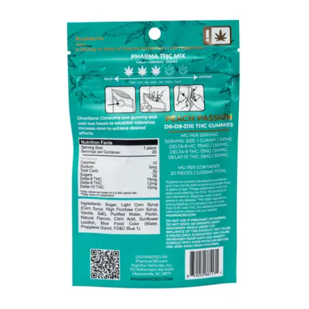 PharmaTHC Euphoria Blend Triple THC Gummies - Peach Passion bag back