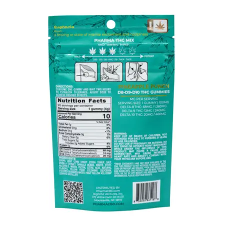 PharmaTHC Euphoria Blend Triple THC Gummies - Pineapple Punch bag back
