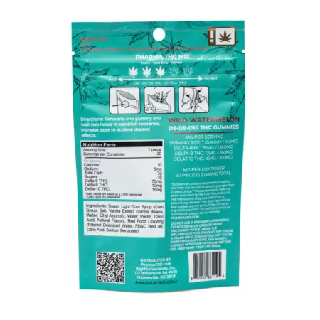 PharmaTHC Euphoria Blend Triple THC Gummies - Wild Watermelon bag back
